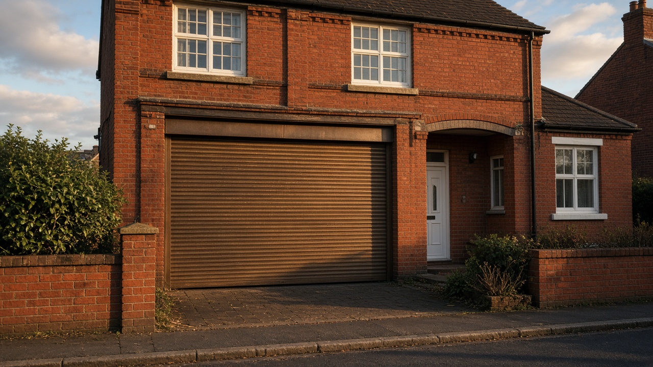 A bronze roller shutter nearly closed on a 1930s red-brick semi, late afternoon light and long shadows. Wide view of the whole elevation.