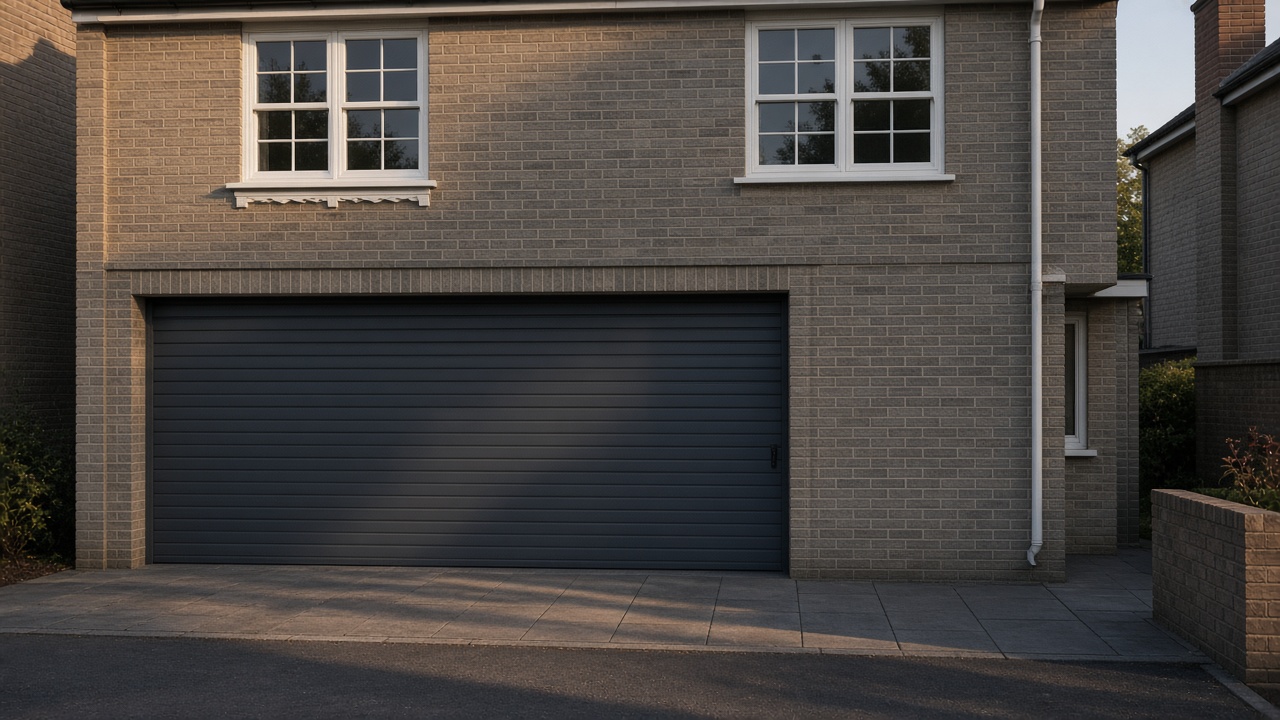 An anthracite roller shutter fully lowered on a grey-brick semi, late afternoon light and long shadows. Wide view of the whole elevation.