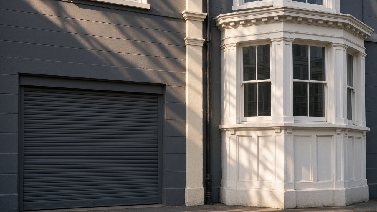An anthracite roller shutter fully lowered on a painted townhouse with a bay, late afternoon light and long shadows. Wide view of the whole elevation.
