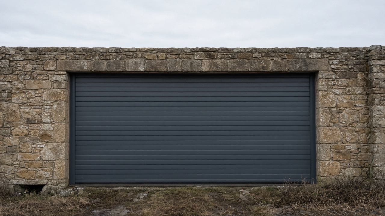 An anthracite roller shutter fully lowered on a stone farmhouse, a flat winter sky. Framed on one opening.