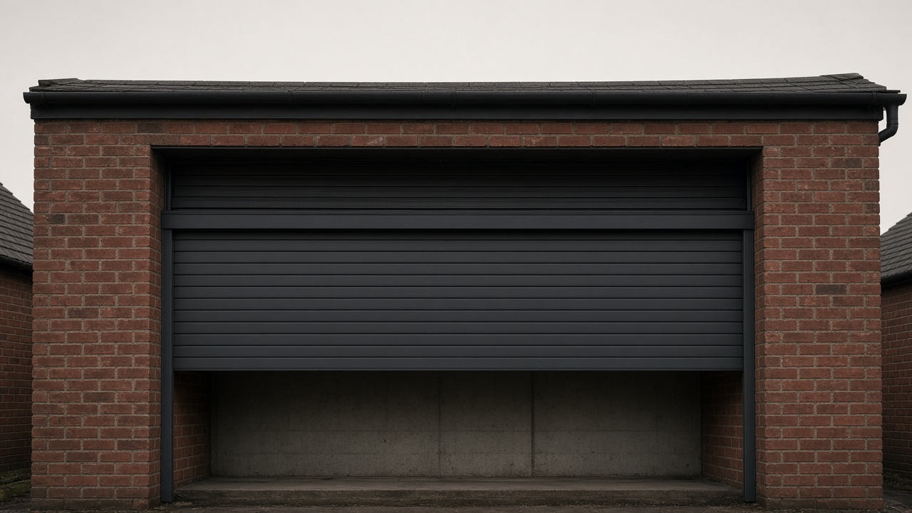 An anthracite roller shutter stopped halfway on a red-brick rear extension, a flat winter sky. Framed on one opening.