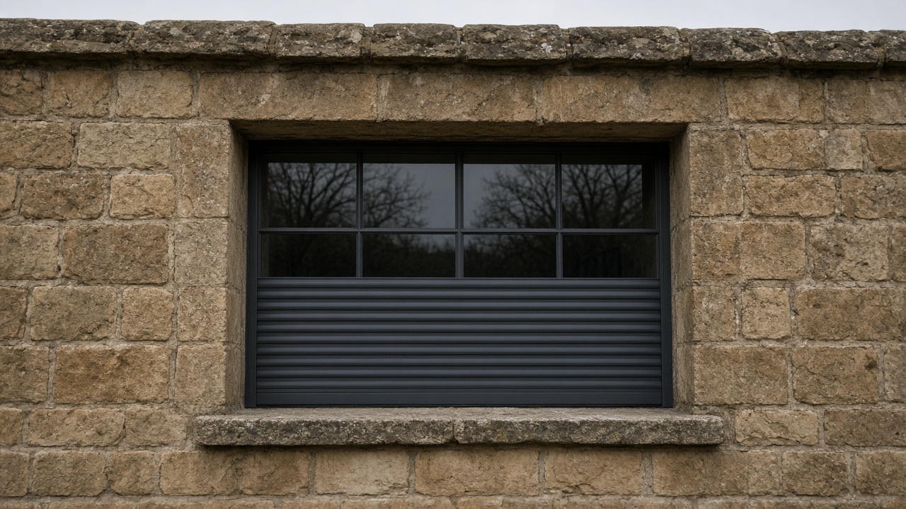 An anthracite roller shutter stopped halfway on a sandstone cottage, a flat winter sky. Framed on one opening.