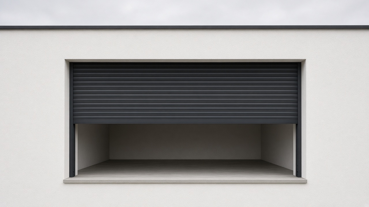 An anthracite roller shutter stopped halfway on a white rendered new-build, a flat winter sky. Framed on one opening.