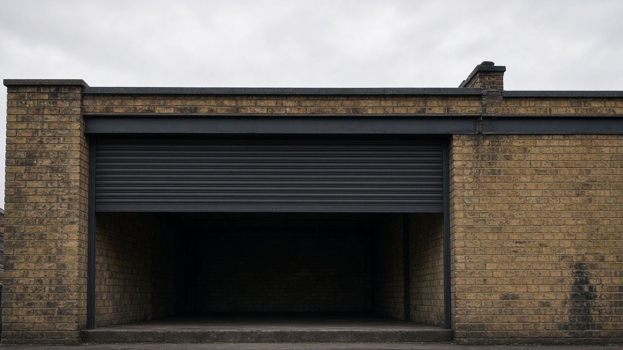 An anthracite roller shutter stopped halfway on a yellow London stock brick terrace, a flat winter sky. Framed on one opening.