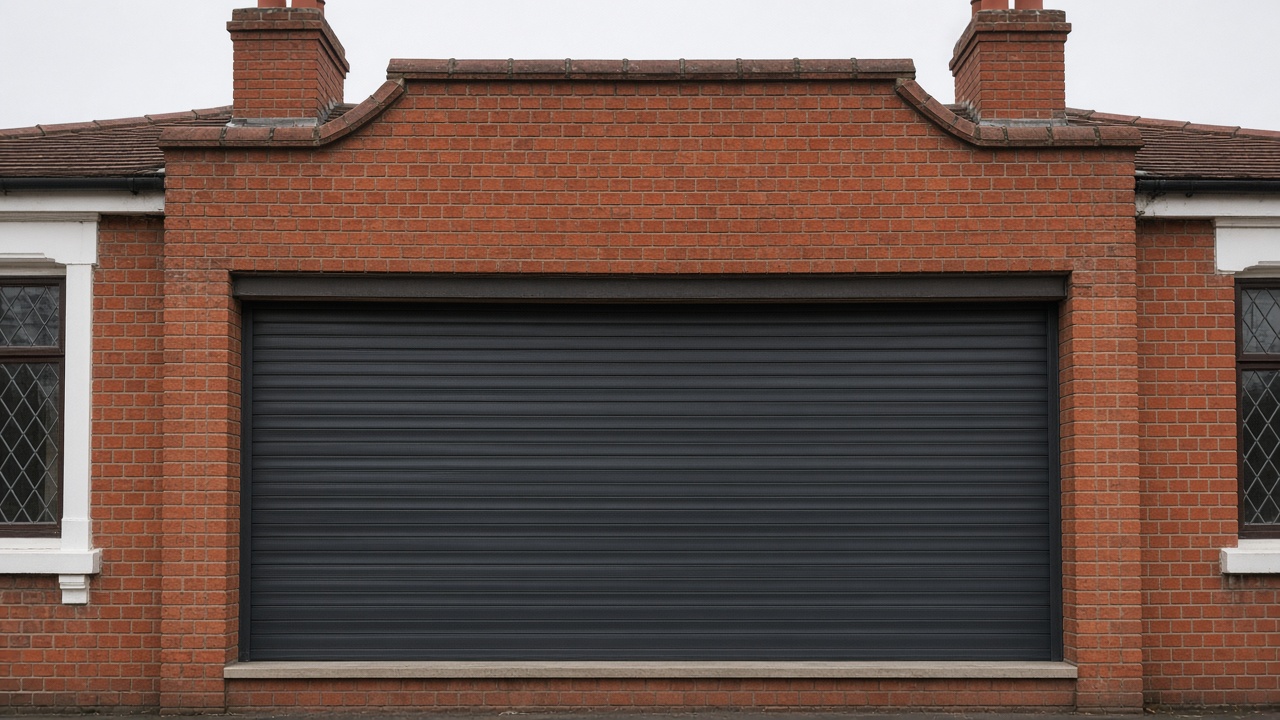 An anthracite roller shutter fully lowered on a 1930s red-brick semi, a flat winter sky. Framed on one opening.