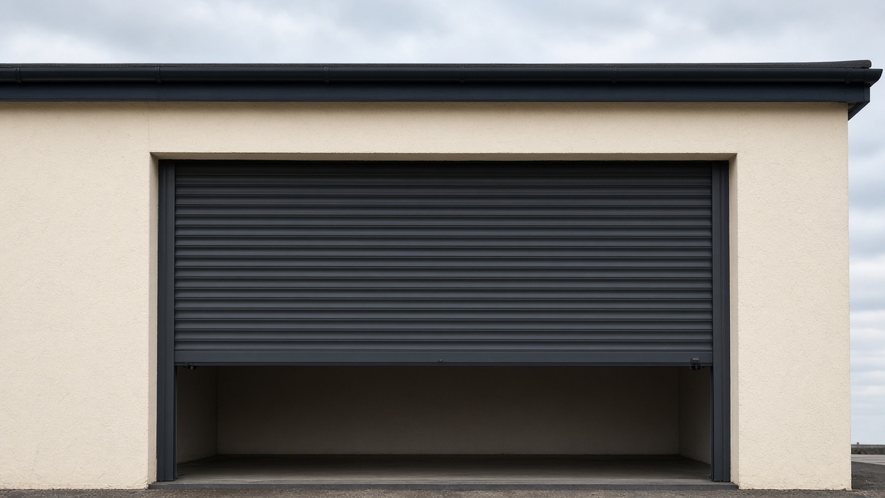 An anthracite roller shutter stopped halfway on a cream bungalow, a flat winter sky. Framed on one opening.
