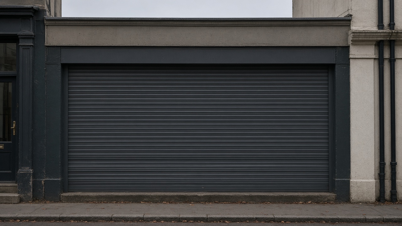 An anthracite roller shutter fully lowered on a small high-street shopfront, a flat winter sky. Framed on one opening.