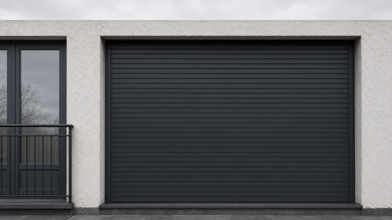 An anthracite roller shutter fully lowered on a flat with a glazed balcony door, a flat winter sky. Framed on one opening.
