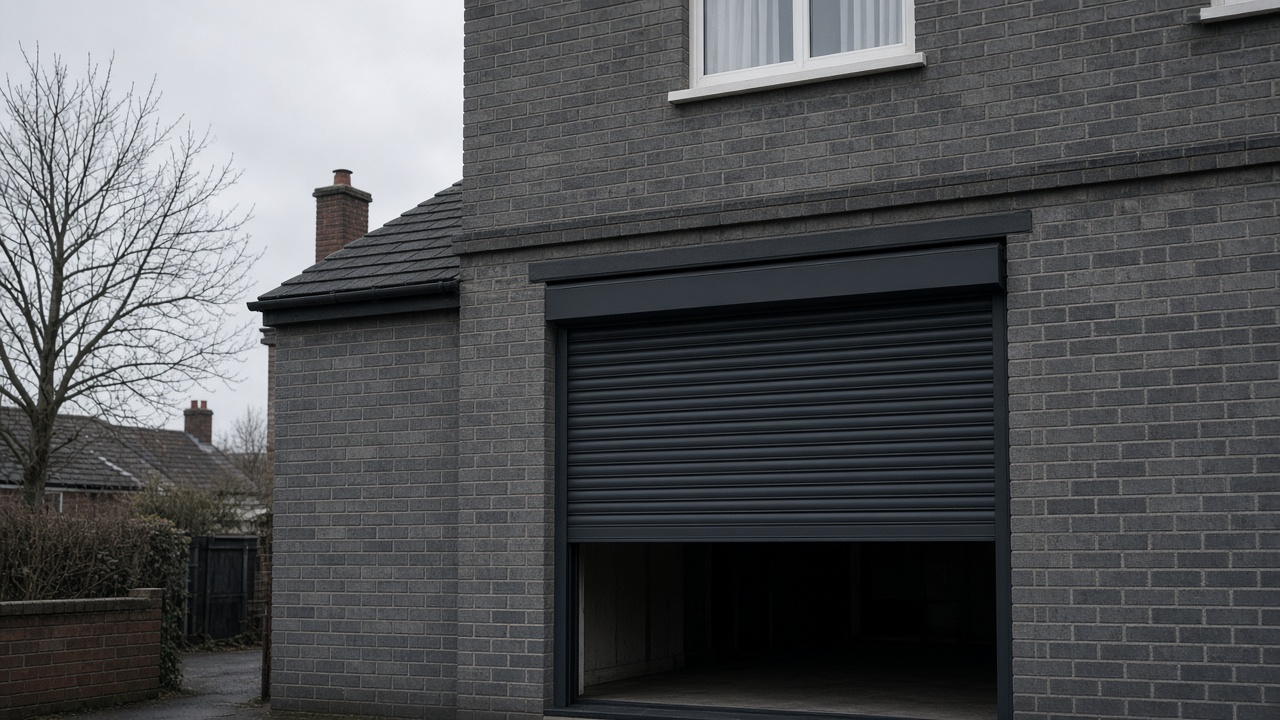 An anthracite roller shutter stopped halfway on a grey-brick semi, a flat winter sky. Framed on one opening.