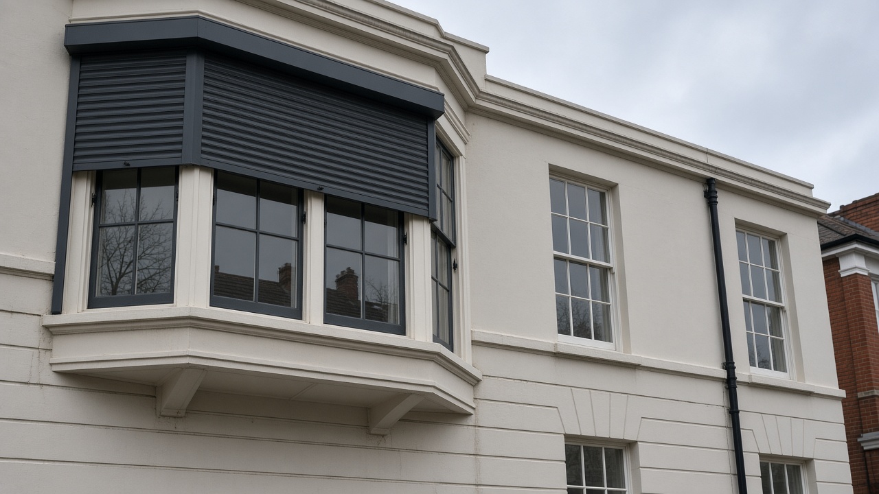 An anthracite roller shutter stopped halfway on a painted townhouse with a bay, a flat winter sky. Framed on one opening.