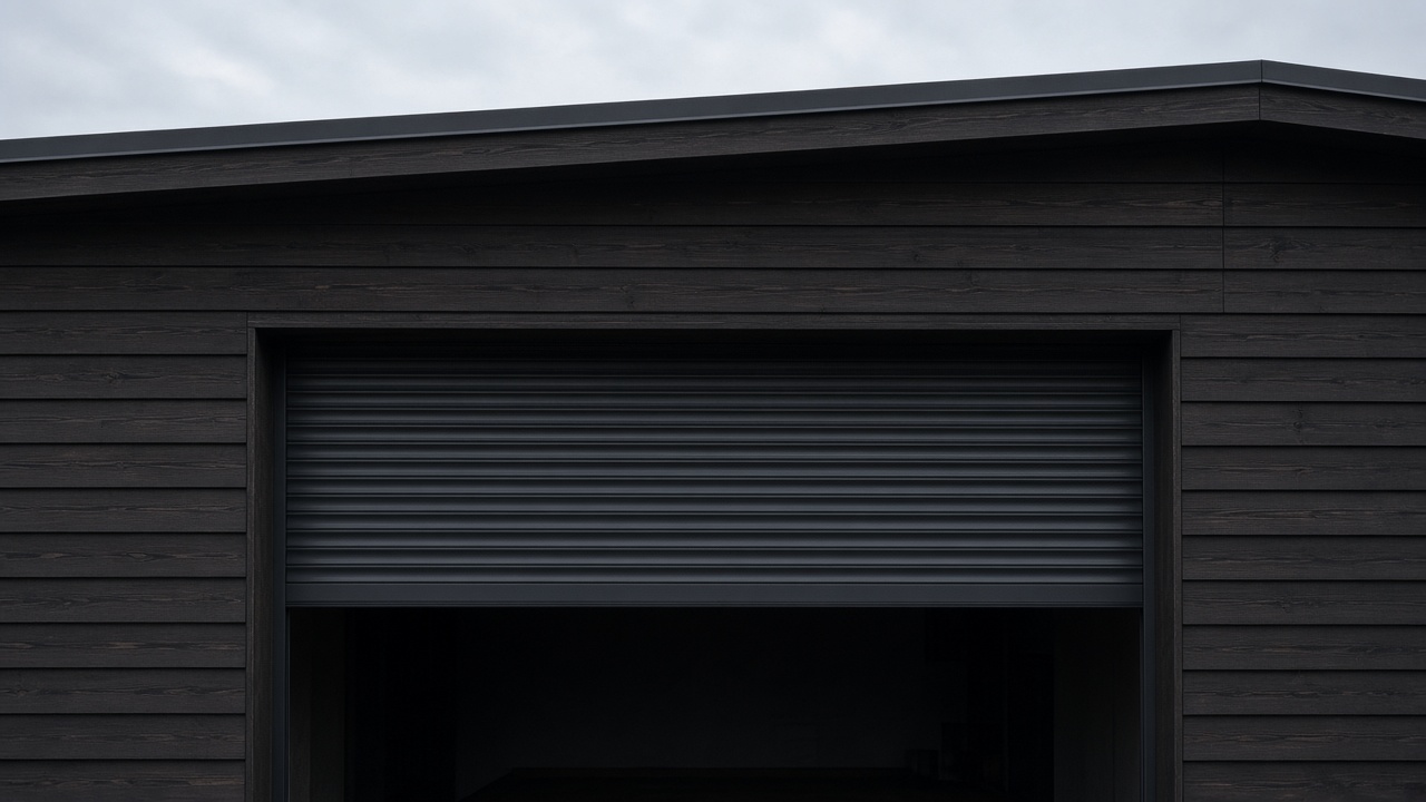 An anthracite roller shutter stopped halfway on a dark timber-clad house, a flat winter sky. Framed on one opening.