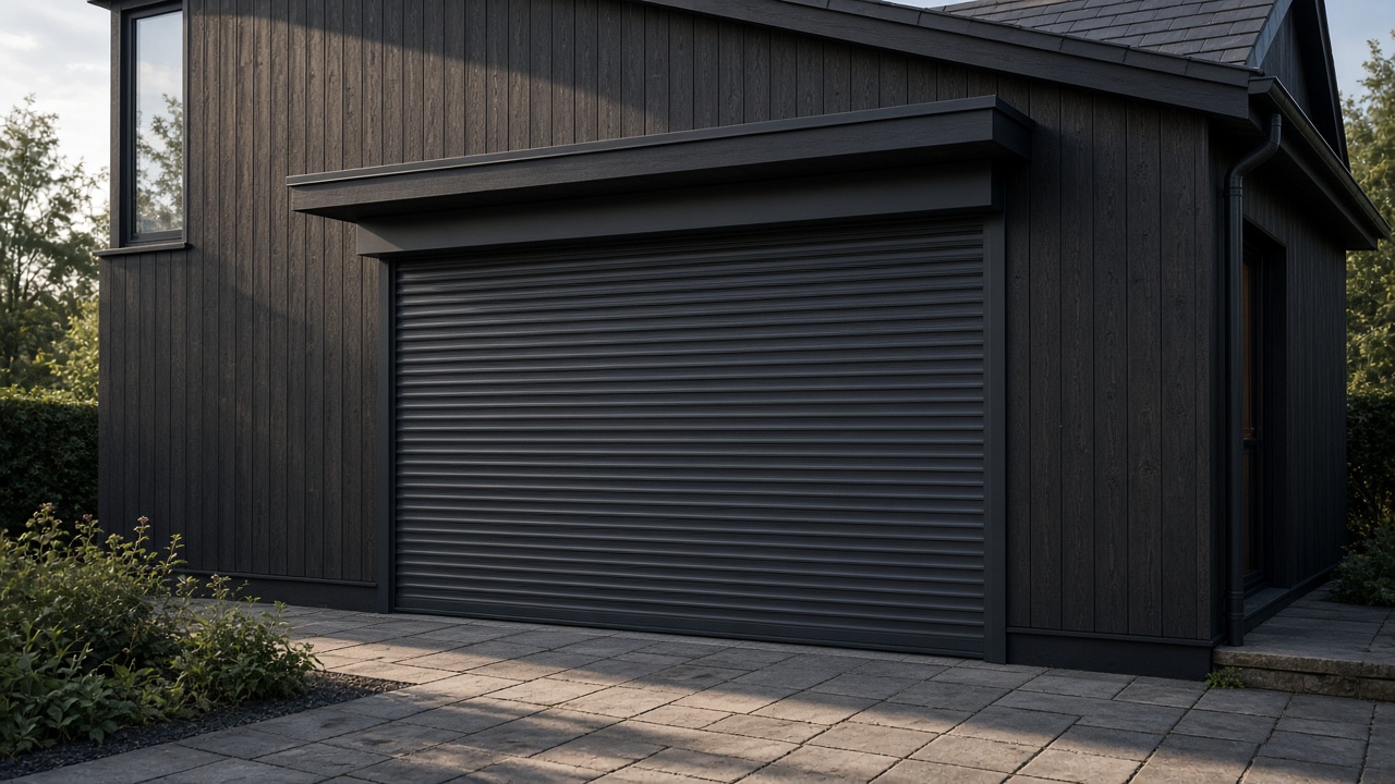 An anthracite roller shutter fully lowered on a dark timber-clad house, late afternoon light and long shadows. Wide view of the whole elevation.