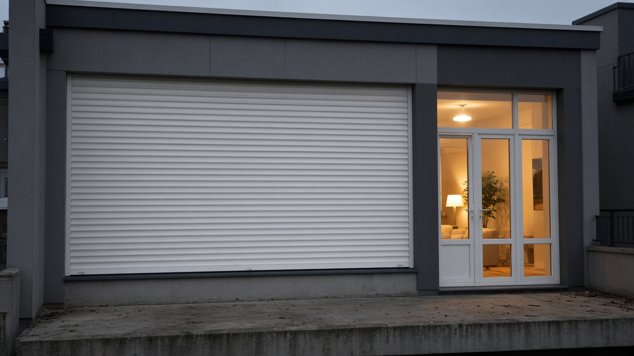 A white roller shutter fully lowered on a flat with a glazed balcony door, dusk, with warm lights on inside. Wide view of the whole elevation.