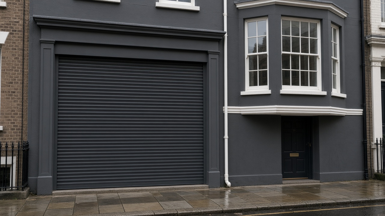 An anthracite roller shutter fully lowered on a painted townhouse with a bay, just after rain, paving still wet. Wide view of the whole elevation.