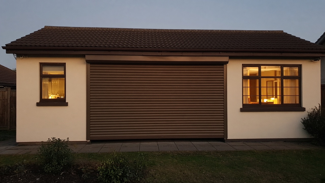 A bronze roller shutter nearly closed on a cream bungalow, dusk, with warm lights on inside. Wide view of the whole elevation.