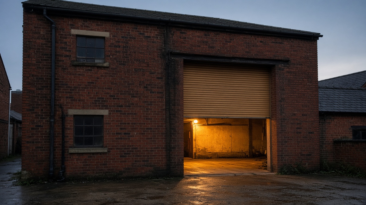 A bronze roller shutter nearly closed on a red-brick rear extension, dusk, with warm lights on inside. Wide view of the whole elevation.