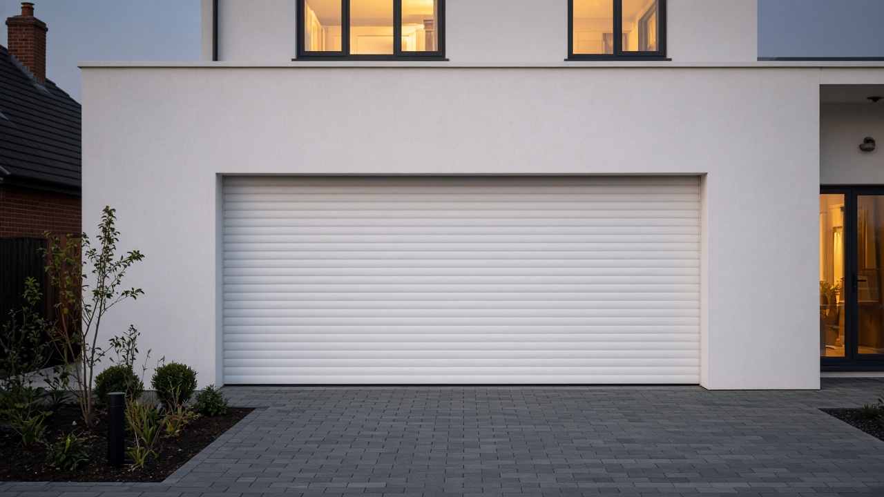 A white roller shutter fully lowered on a white rendered new-build, dusk, with warm lights on inside. Wide view of the whole elevation.