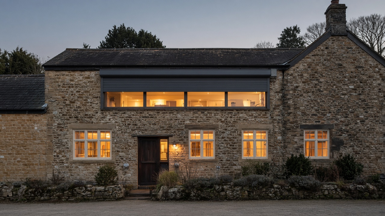 The motor end of a roller shutter box, an anthracite roller shutter stopped halfway, on a stone farmhouse, dusk, with warm lights on inside. Wide view of the whole elevation.