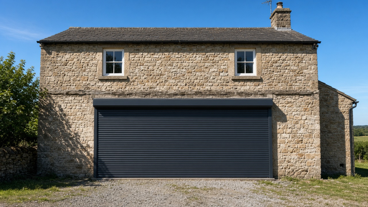 An anthracite roller shutter fully lowered on a stone farmhouse, hard summer sun and a clear sky. Wide view of the whole elevation.