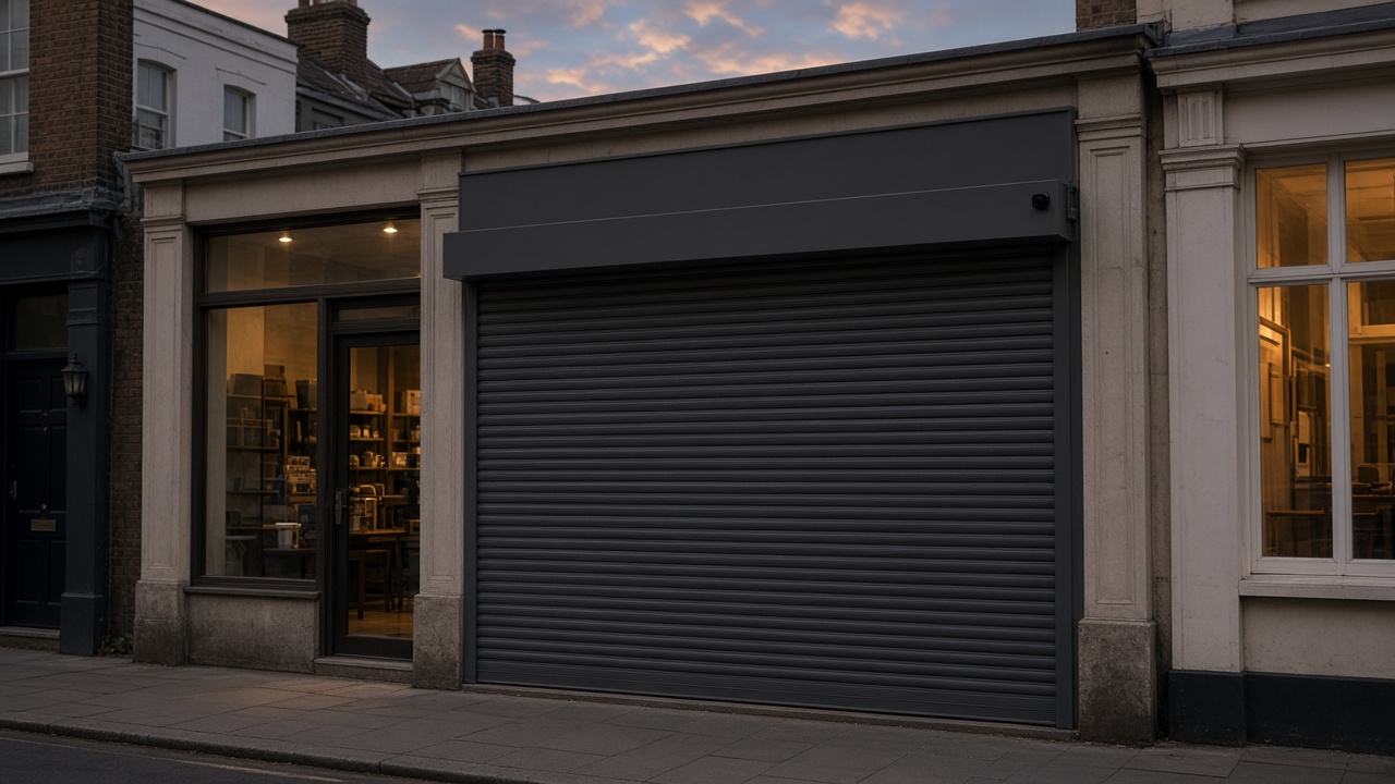The motor end of a roller shutter box, an anthracite roller shutter fully lowered, on a small high-street shopfront, dusk, with warm lights on inside. Wide view of the whole elevation.