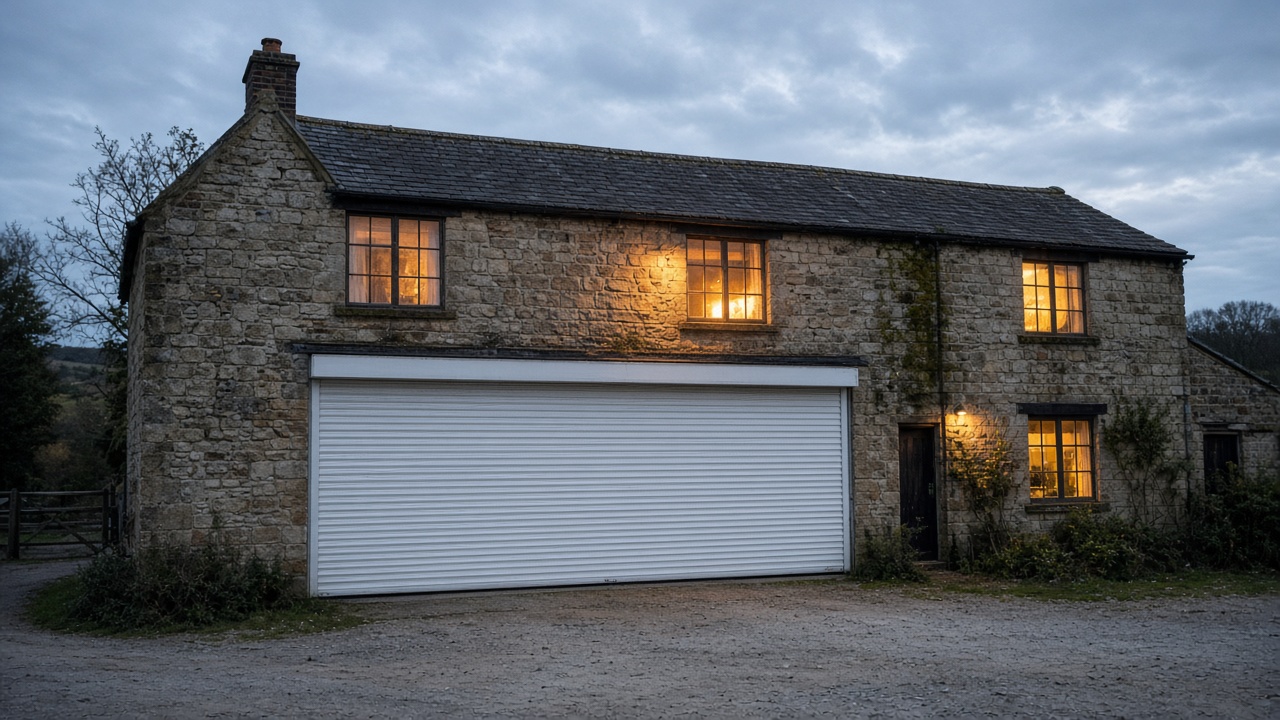 A white roller shutter fully lowered on a stone farmhouse, dusk, with warm lights on inside. Wide view of the whole elevation.