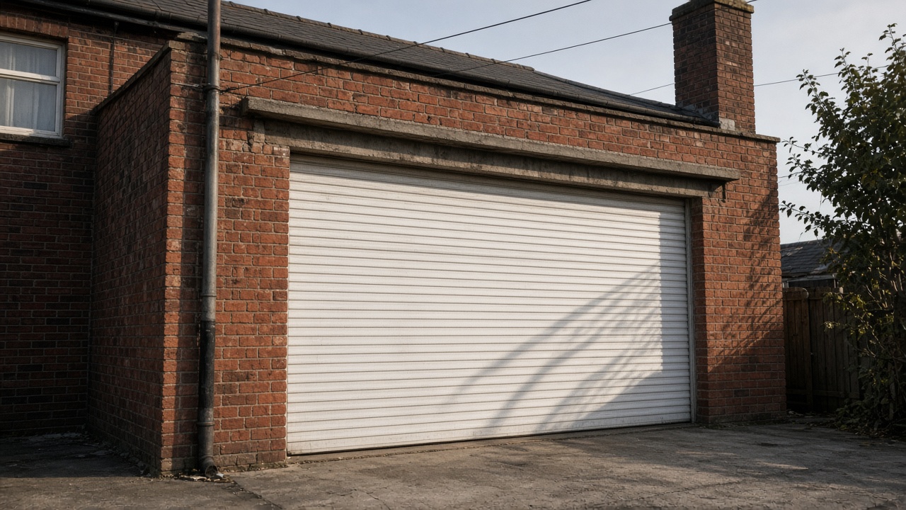 A white roller shutter fully lowered on a red-brick rear extension, late afternoon light and long shadows. Wide view of the whole elevation.