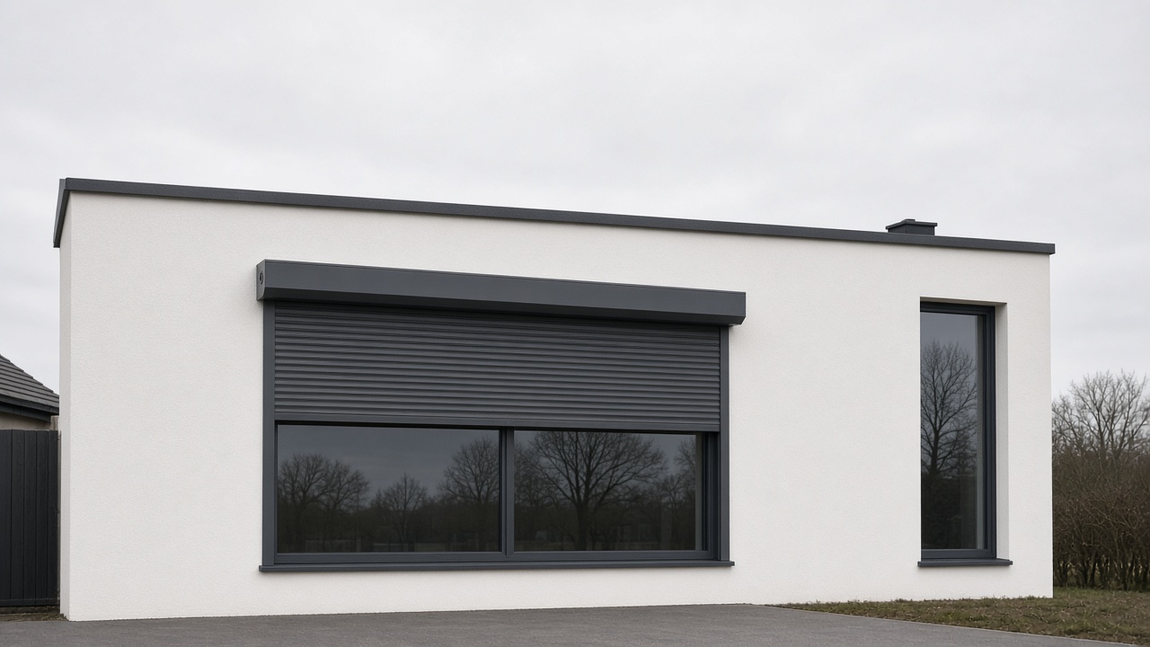 The motor end of a roller shutter box, an anthracite roller shutter stopped halfway, on a white rendered new-build, a flat winter sky. Wide view of the whole elevation.