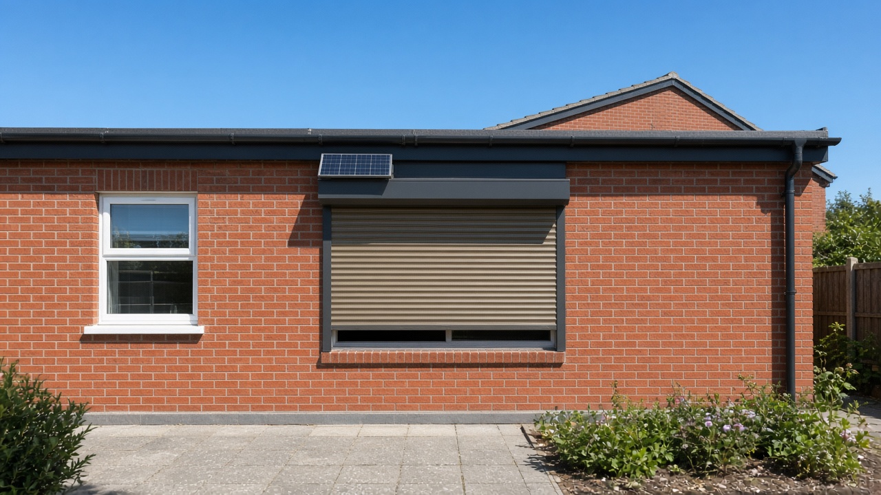 A small solar panel on the front of an anthracite roller shutter box, a bronze roller shutter nearly closed, on a red-brick rear extension, hard summer sun and a clear sky. Wide view of the whole elevation.