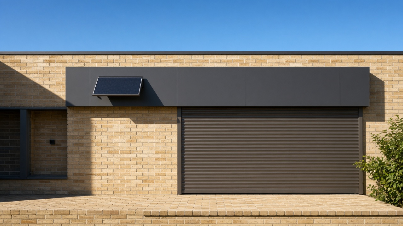 A small solar panel on the front of an anthracite roller shutter box, a bronze roller shutter nearly closed, on a yellow London stock brick terrace, hard summer sun and a clear sky. Wide view of the whole elevation.