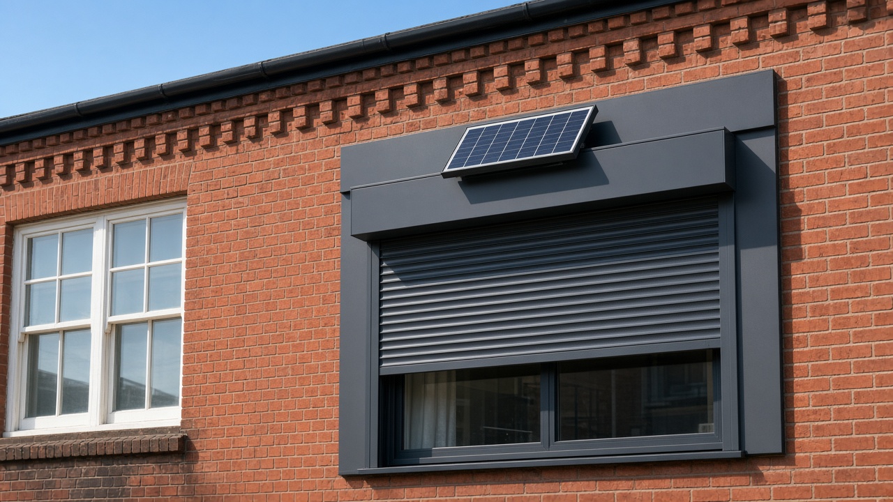 A small solar panel on the front of an anthracite roller shutter box, an anthracite roller shutter stopped halfway, on a 1930s red-brick semi, hard summer sun and a clear sky. Framed on one opening.