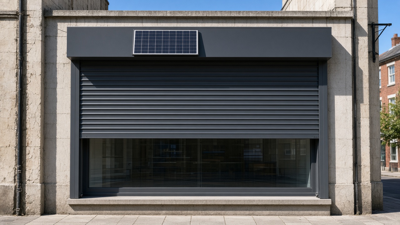 A small solar panel on the front of an anthracite roller shutter box, an anthracite roller shutter stopped halfway, on a small high-street shopfront, hard summer sun and a clear sky. Framed on one opening.