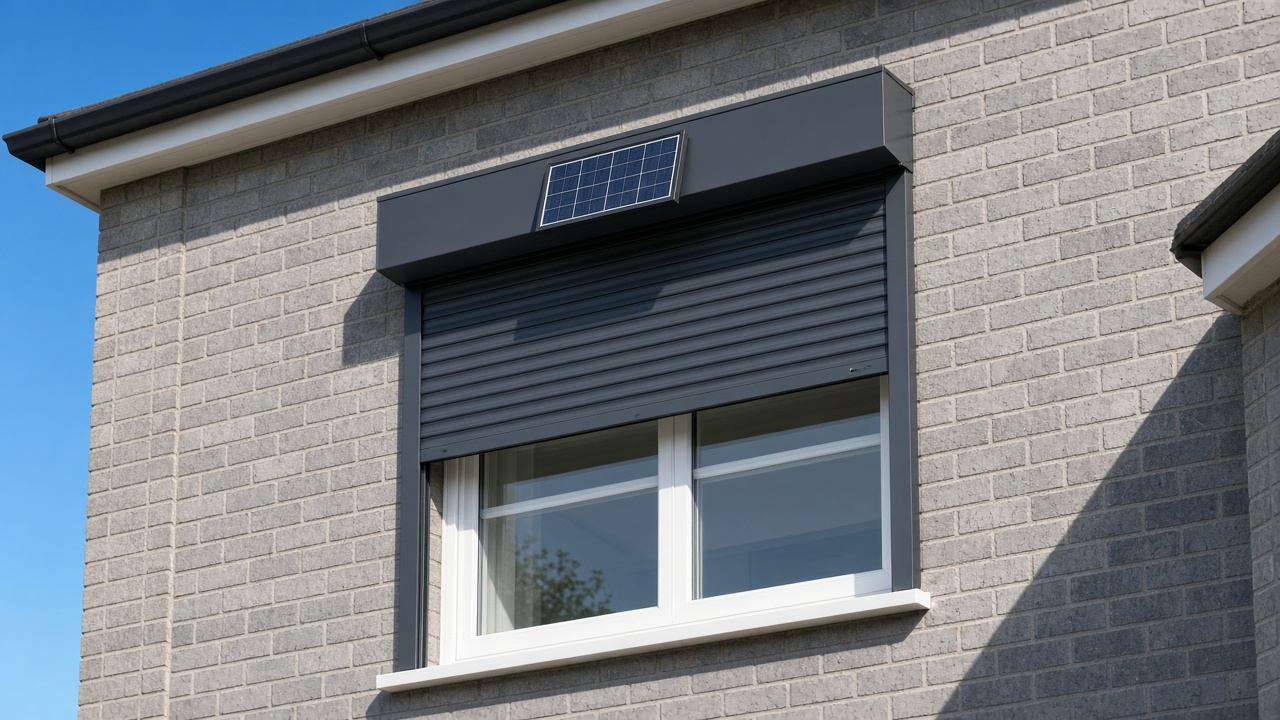 A small solar panel on the front of an anthracite roller shutter box, an anthracite roller shutter stopped halfway, on a grey-brick semi, hard summer sun and a clear sky. Framed on one opening.