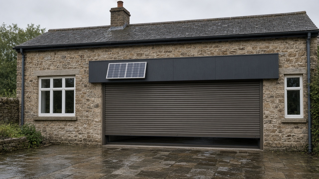 A small solar panel on the front of an anthracite roller shutter box, a bronze roller shutter nearly closed, on a stone farmhouse, just after rain, paving still wet. Wide view of the whole elevation.