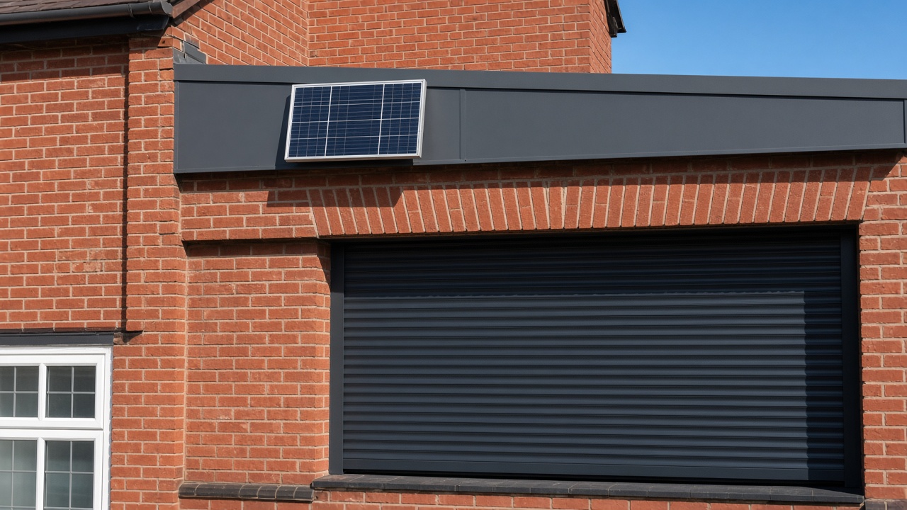A small solar panel on the front of an anthracite roller shutter box, an anthracite roller shutter fully lowered, on a 1930s red-brick semi, hard summer sun and a clear sky. Framed on one opening.