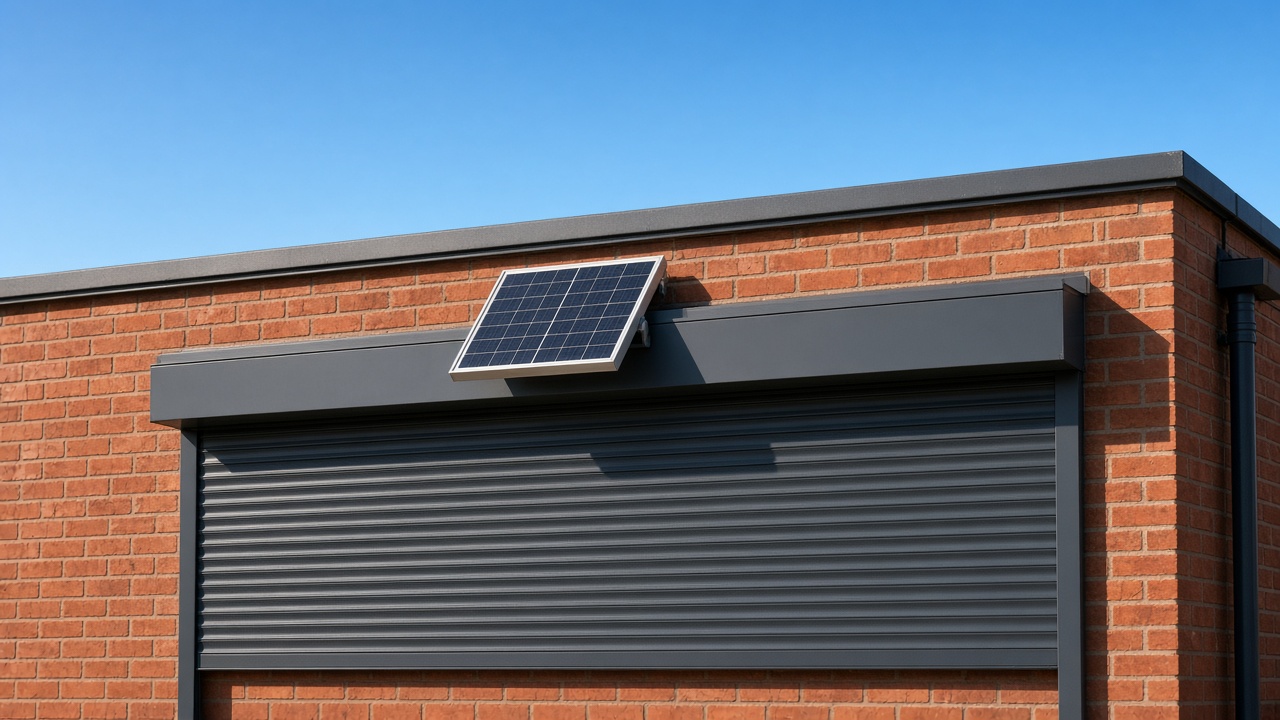 A small solar panel on the front of an anthracite roller shutter box, an anthracite roller shutter fully lowered, on a red-brick rear extension, hard summer sun and a clear sky. Framed on one opening.