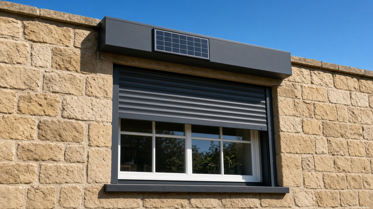 A small solar panel on the front of an anthracite roller shutter box, an anthracite roller shutter stopped halfway, on a sandstone cottage, hard summer sun and a clear sky. Framed on one opening.