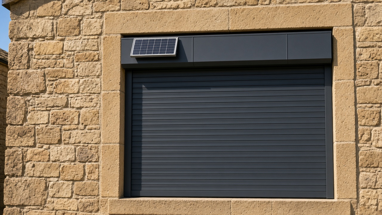 A small solar panel on the front of an anthracite roller shutter box, an anthracite roller shutter fully lowered, on a sandstone cottage, hard summer sun and a clear sky. Framed on one opening.