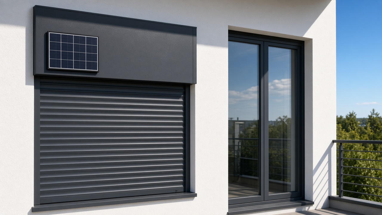 A small solar panel on the front of an anthracite roller shutter box, an anthracite roller shutter fully lowered, on a flat with a glazed balcony door, hard summer sun and a clear sky. Framed on one opening.