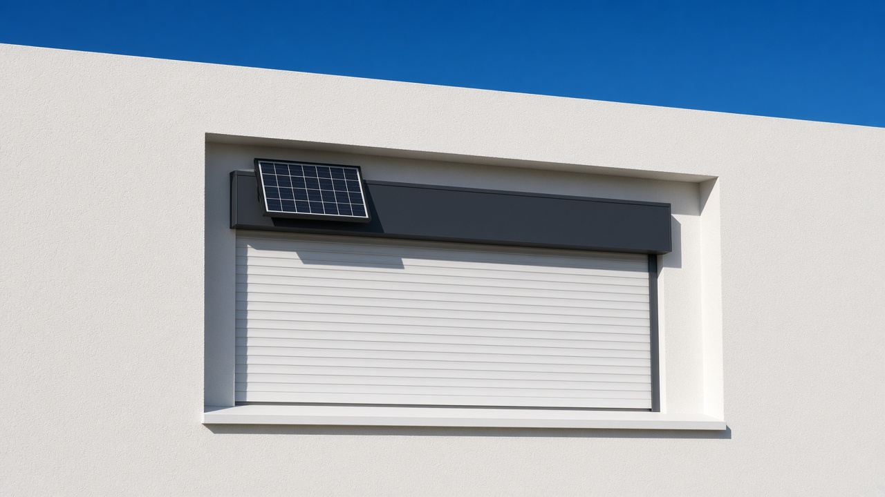 A small solar panel on the front of an anthracite roller shutter box, a white roller shutter fully lowered, on a white rendered new-build, hard summer sun and a clear sky. Framed on one opening.