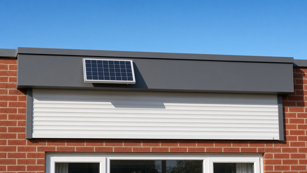 A small solar panel on the front of an anthracite roller shutter box, a white roller shutter fully lowered, on a red-brick rear extension, hard summer sun and a clear sky. Framed on one opening.