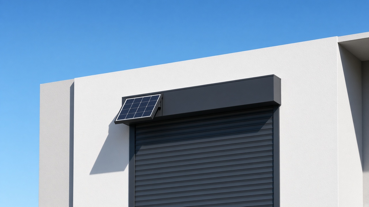 A small solar panel on the front of an anthracite roller shutter box, an anthracite roller shutter fully lowered, on a white rendered new-build, hard summer sun and a clear sky. Framed on one opening.