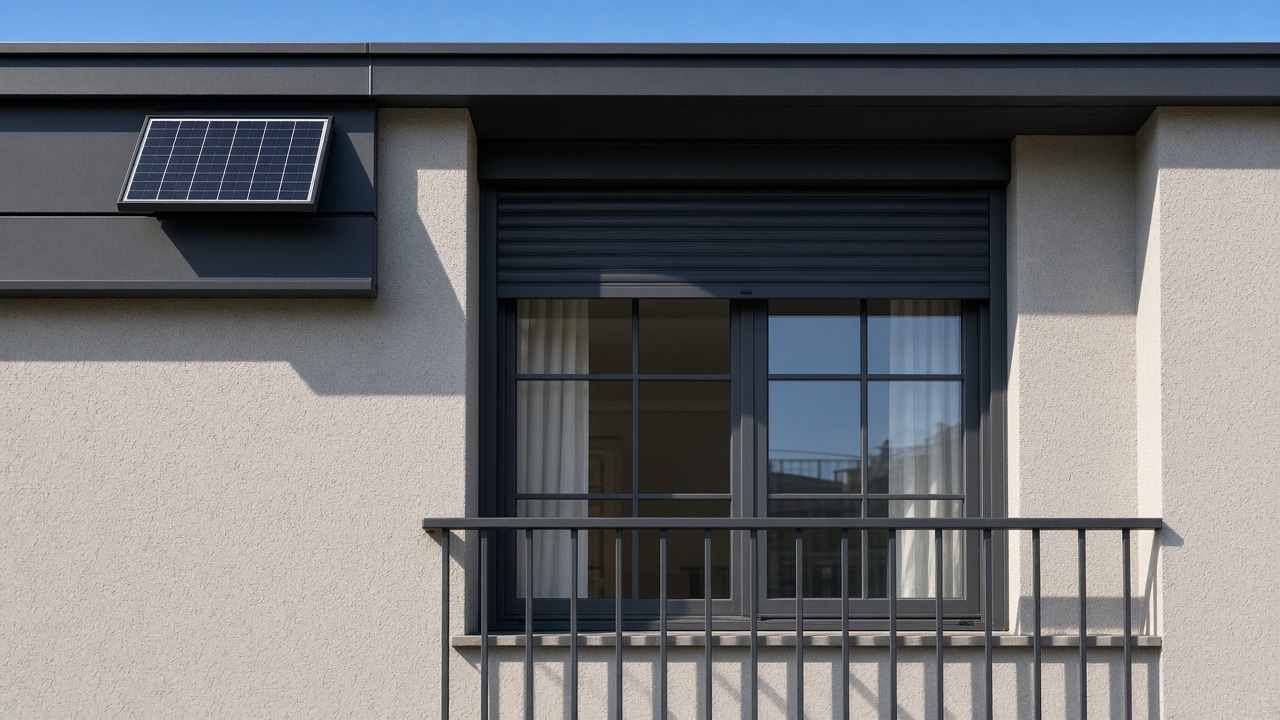 A small solar panel on the front of an anthracite roller shutter box, an anthracite roller shutter stopped halfway, on a flat with a glazed balcony door, hard summer sun and a clear sky. Framed on one opening.