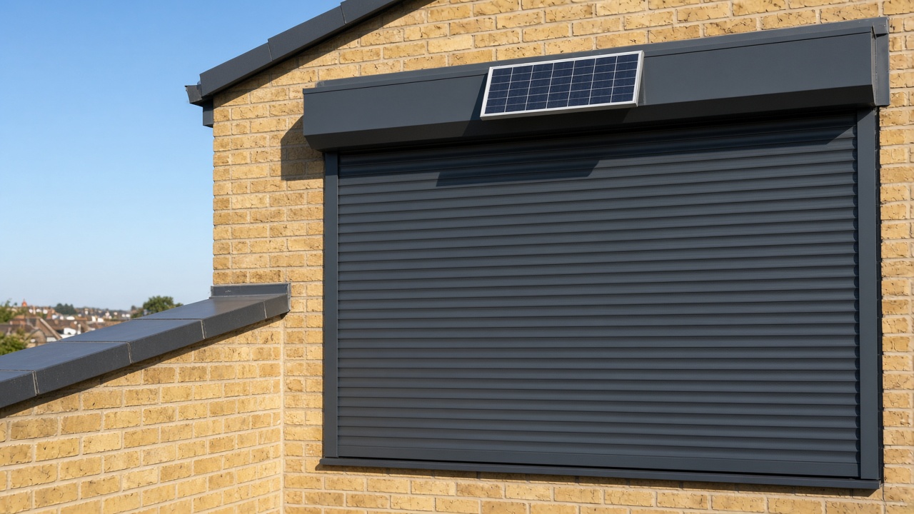 A small solar panel on the front of an anthracite roller shutter box, an anthracite roller shutter fully lowered, on a yellow London stock brick terrace, hard summer sun and a clear sky. Framed on one opening.