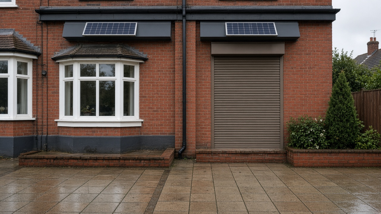 A small solar panel on the front of an anthracite roller shutter box, a bronze roller shutter nearly closed, on a 1930s red-brick semi, just after rain, paving still wet. Wide view of the whole elevation.