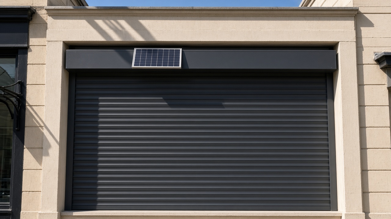 A small solar panel on the front of an anthracite roller shutter box, an anthracite roller shutter fully lowered, on a small high-street shopfront, hard summer sun and a clear sky. Framed on one opening.