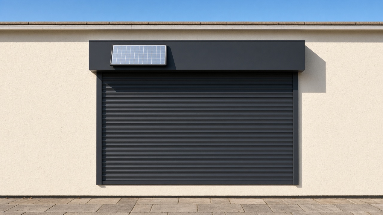 A small solar panel on the front of an anthracite roller shutter box, an anthracite roller shutter fully lowered, on a cream bungalow, hard summer sun and a clear sky. Framed on one opening.