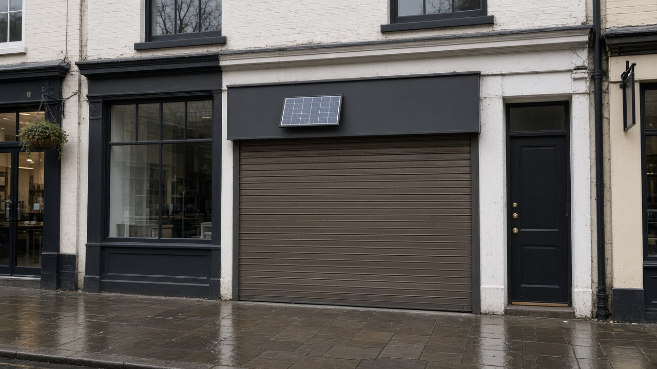 A small solar panel on the front of an anthracite roller shutter box, a bronze roller shutter nearly closed, on a small high-street shopfront, just after rain, paving still wet. Wide view of the whole elevation.