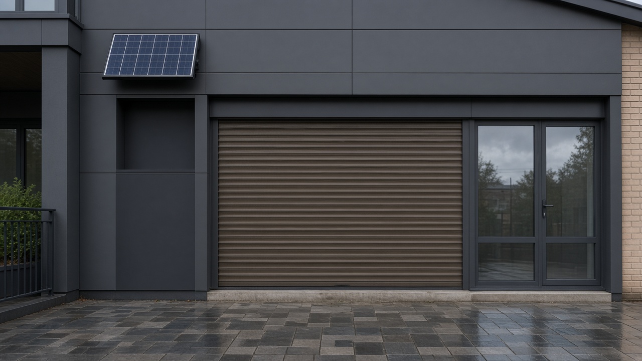 A small solar panel on the front of an anthracite roller shutter box, a bronze roller shutter nearly closed, on a flat with a glazed balcony door, just after rain, paving still wet. Wide view of the whole elevation.