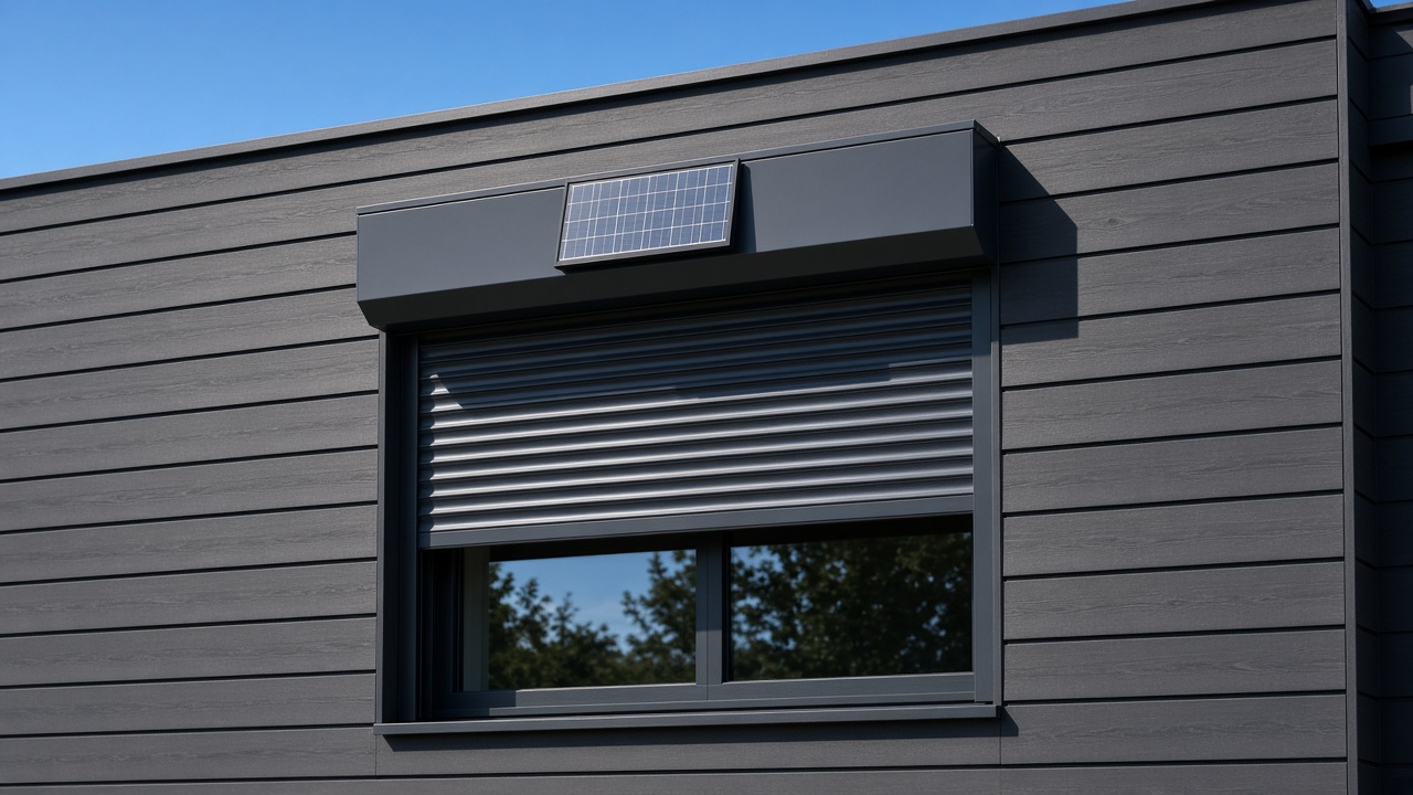 A small solar panel on the front of an anthracite roller shutter box, an anthracite roller shutter stopped halfway, on a dark timber-clad house, hard summer sun and a clear sky. Framed on one opening.