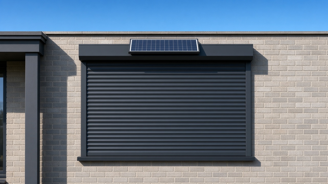 A small solar panel on the front of an anthracite roller shutter box, an anthracite roller shutter fully lowered, on a grey-brick semi, hard summer sun and a clear sky. Framed on one opening.